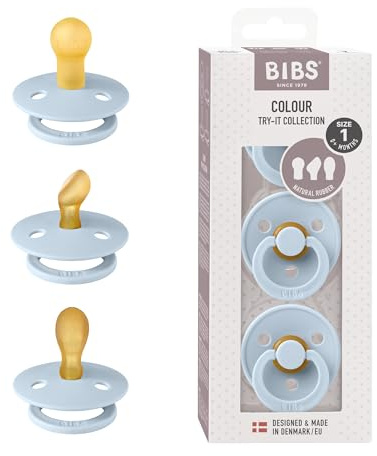 BIBS Color Try-It Collection: 3 nappar för ditt barns unika behov, runda, symmetriska och ortodontiska bröstvårtor. Naturgummilatex, 0+ månader (förpackning om 3), Babyblå