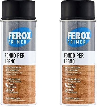 FEROX Fondo per Legno 400 ml, Fondo aggrappante per verniciatura, colore Grigio, Primer superfici interno/esterno, Primer Legno, rapida essicazione, lunga durata (Confezione da 2)