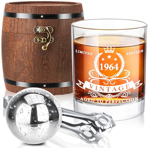 LIGHTEN LIFE 60th Birthday Gifts for Men,1965 Whiskey Glass Set in Barrel Box,60 Years Old Gifts,Whiskey Glass for Dad Husband,60th Birthday Decorations for Men