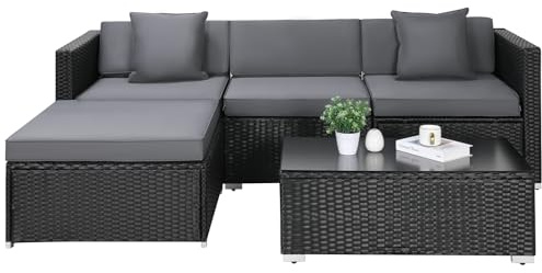 LIFERUN Rattan Gartenmöbel-Set,Lounge Gartenmöbel Set,Gartenlounge Set,Terrassenmöbel,Rattanmöbel Sofa Set,Poly Rattan Sitzgruppe Couch 5 Teilig mit Kissen und Glastisch,für Garten,Terrasse (Schwarz)