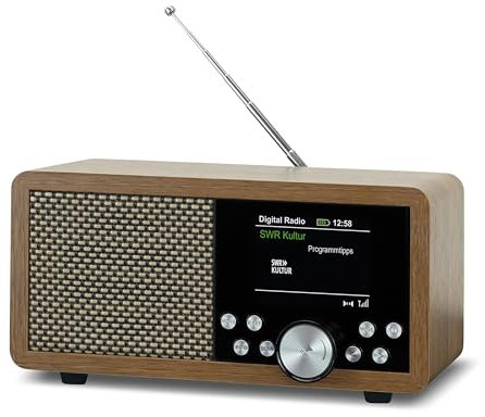 Dynavox DBT600 DAB+ Radio/digitale FM, portatile, ideale come radio da cucina/bagno/ufficio, sveglia, BT, display TFT, funzionamento a rete o batteria, USB/Micro-SD, decorazione in legno marrone