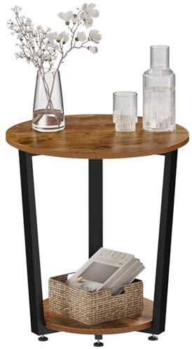 WOLTU Table Basse Ronde, Table d'Appoint à 2 Étagères, avec Cadre Métallique, pour Salon Balcon Chambre à Coucher, en Bois Composé et en Métal,Marron Rustique,BTS13shm