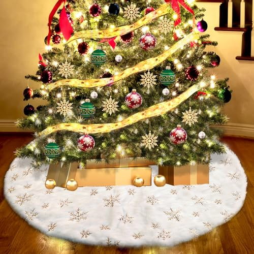122cm Weihnachtsbaum Decke, Tannenbaum Decke Rund, Weihnachtsbaum Rock mit Schneeflockenmuster, Christbaumdecke Weiß, Weihnachtsdekoration für Weihnachten, Urlaub, Party