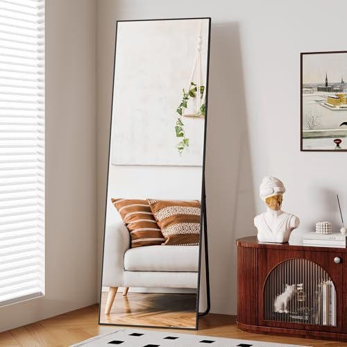 Clevich Ganzkörperspiegel 162 x 53cm mit Verdickter Aluminiumrahmen, Großer Standspiegel aus Gehärtetem Glas, modern Wandspiegel stehend oder hängend für Wohnzimmer und Schlafzimmer,Schwarz