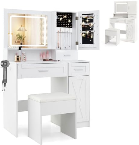 HOMASIS Schminktisch mit Schmuckschrank & Spiegel, Kosmetiktisch mit Beleuchtung in 3 Farben, Helligkeit verstellbar, Frisiertisch mit Ladestation & Föhnhalter, Kommode mit Hocker &verstellbarem Regal