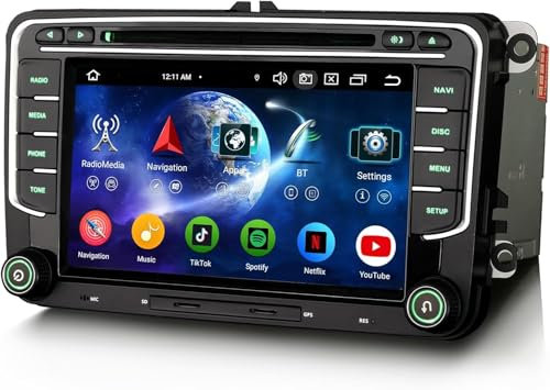 Android 14 4GB+64GB 8-Kern DVD Autoradio GPS Navi für VW Passat B6 Golf V VI Touran Skoda Seat Tiguan Jetta T5 Sharan Polo 7 Zoll Touchscreen CarPlay Android Auto DAB+ WiFi 4G FM Bluetooth 5.0 A2DP