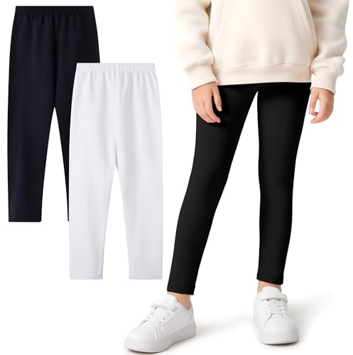 FILOWA Leggings för flickor i bomull stretchbyxor 2-pack långa leggings med elastisk midja flerfärgade byxor skolpark vår höst mode kläder för flickor 5–12 år, Vit, 10-12 anni