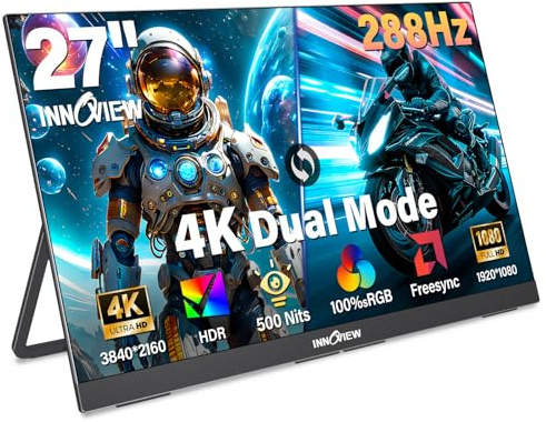 InnoView Portable Monitor 27 Dual Mode 4K UHD 120Hz/FHD 288Hz Laptop Monitor USB-C HDMI Computer Monitor HDR IPS Gaming Monitor Kickstand Speakers for PC Mac Phone