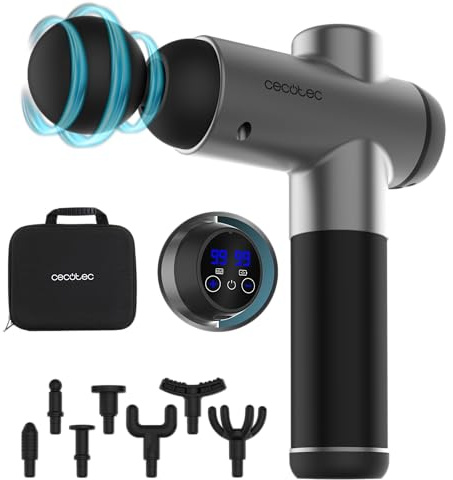Cecotec Pistola de Masaje Muscular con 8 Cabezales SkinCare Massage Full Recovery. 99 Niveles de Intensidad, Pantalla LCD, Motor Brushless, Autonomía 2h, Velocidad de 2800-3200rpm, Estuche