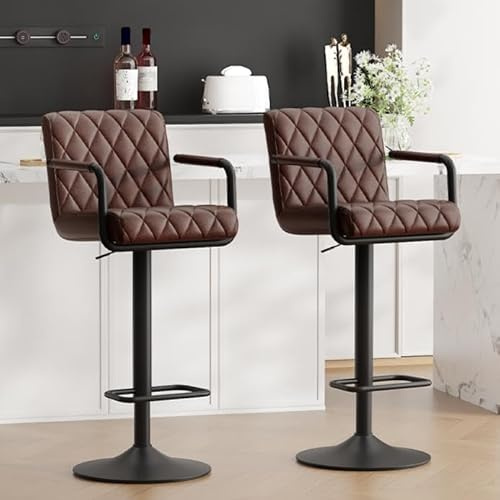 Ckaff Barhocker 2er Set, Barstühle Höhenverstellbar, 360° Drehbare Küchenhocker mit Armlehnen, Rückenlehne und Fußstütze,Barstuhl aus PU-Leder für Küche Wohnzimmer Esszimmer, Dunkelbraun