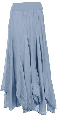 TEXTURE Ladies Women Italian Lagenlook Plain Elasticated Waist Silk Panel Handkerchief Asymmetric Long Midi Maxi Skirt One Size (UK, Alpha, One Size, Regular, Regular, Cornflower Blue)