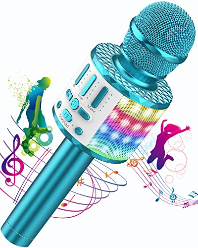 Micros sans Fil Karaoké, Microphone Karaoke Bluetooth avec Lumière Scène, Portable Haut-Parleur pour Enfants/Adultes Fête Chanter Disco KTV Clubs Noël Anniversaire Soiree Idée Cadeau Fille Garcon