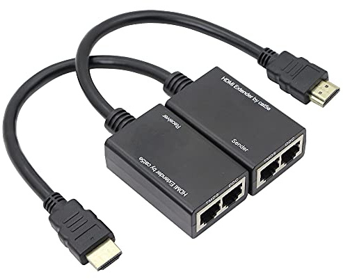 QIANRENON RJ45 à HDMI Extendeur Adaptateur 1080P sur RJ45 CAT 5e Ethernet câble Extension étendue HDMI signal Amplificateur30m/100ft, Expéditeur + récepteur,1 Paire