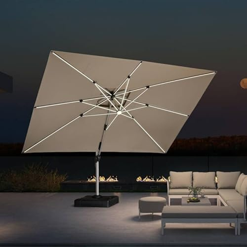 PURPLE LEAF Parasol Déporté 3 x 4 m Rectangulaire avec LED, Parasol De Jardin Extérieur Toit à Double Rotatif 360°, Toit à Double Rotatif 360°, Anti-UV, Convient aux Villas Haut de Gamme, Beige