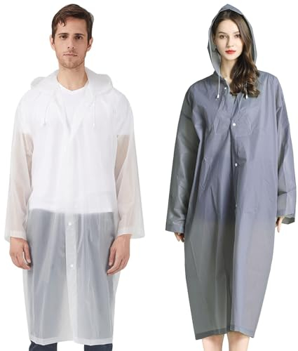 BoloShine Regenponcho 2 Stück, Wiederverwendbar EVA Lang Regenmantel Regen Poncho für Damen und Herren, Regenbekleidung Regencape Regenjacke Wasserdicht für Wandern, Fahrrad, Camping (Grau+Weiß)