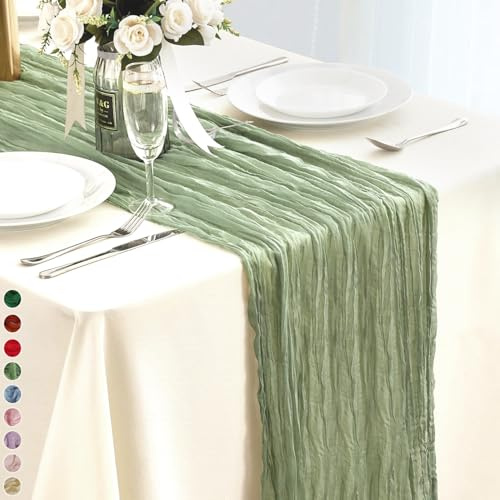 Cekene Cheesecloth Table Runner Sage Green 90x400cm Rustic Gauze Fabric Tablecloth Sheer Boho Wedding Table Cover Cheese Cloth Table Decoration for Holiday Party Baby Bridal Shower Birthday Arch