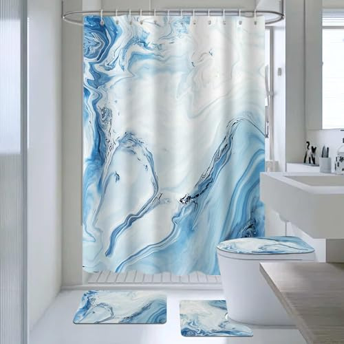 AIBIIN Juego de 4 cortinas de ducha de mármol azul abstracto con alfombra antideslizante funda moderna para tapa de inodoro y alfombra de baño, cortina de baño para decoración de baño (ganchos