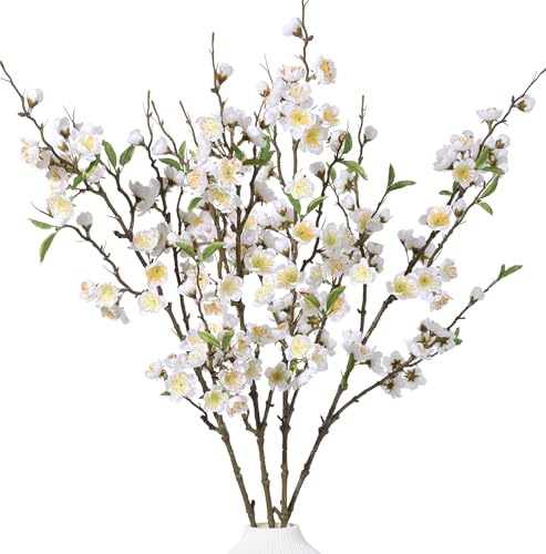 florisso 6 PCS Artificial Cherry Blossom Branches Spring Indoor Decoration, Faux Flowers 34.45 Long Stems Plum Fake Peach Plants Real Touch Silk for Wedding Home Bedroom Party Table Office, White