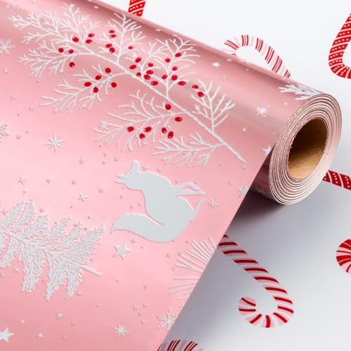 Wikadlik Weihnachts-Geschenkpapier für Geschenke, metallisch-rosa Bärenbäume, Geschenkpapierrolle für Feiertage, festliche Feiern, Basteldekoration, 43 cm x 10 m