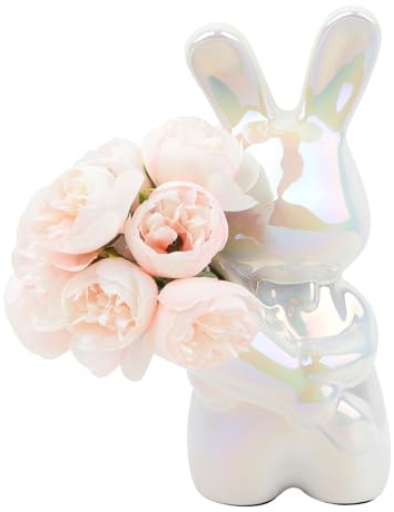 Bezaubernde Hasenvase mit Kunstblumen, Keramik-Hase mit Blume, Tierdeko für Zuhause, Regal, Schreibtisch & Kaminsims