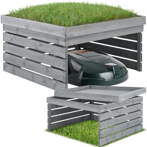 tectake® Robot Lawnmower Garage with Weather-Resistant, Stained Pinewood Slats, Integrated Water-Repellent Planter Roof, Quick Assembly - Spacious Shelter for Robot Lawnmowers - 78 x 84 x 46 cm