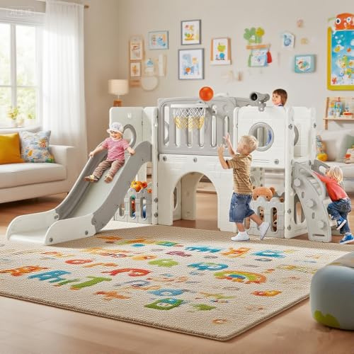 MAMIZO 9 in 1 Scivolo per Bambini, Scivolo Giocattolo da Interno o Esterno Canestri da Basket e Telescopi, Scivolo da Giardino Spazio di Deposito e Tunnel,2 anni e oltre,mit 2PCS Moduls, Grigio Chiaro
