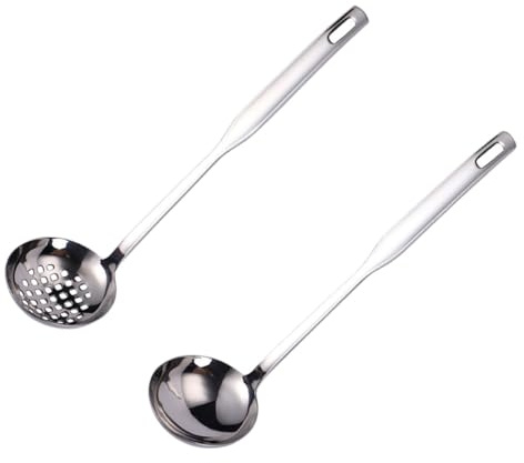 Hemobllo 2 pièces Louche et Écumoire Inox Manche Long Brûlure Cuillère Service Soupe pour Maison Restaurant