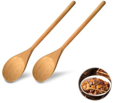 2Pcs Wooden Spoons for Cooking, Long Handle Wooden Spoons, Natural Wood Long Handle Round Spoons, Wooden Cooking Spoon, for SoupCooking Mixing Stirrer Kitchen Tools Utensils