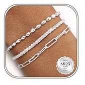 CASSIECA 3 Pcs Pulsera Plata Mujer Pulsera Cuentas Plata Ajustable Pulsera Multicadena Apilable Regalos de Joyería para Niñas