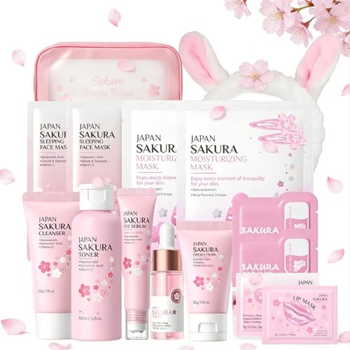 17PCS Sakura Gesichtspflege Set-Hauttäglich Hautpflege Set für Teenager-Geschenke für Teenager Mädchen – Geschenke Sets für Gesicht Reinigung & Pflege-Geschenke für Mama Geschenk-Muttertagsgeschenk