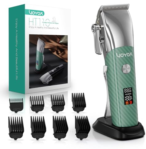 VOYOR Tagliacapelli Uomo Professionale, Macchinetta per Capelli Senza Filo | Lame in Acciaio Affilate, Motore Potente, Due Velocità, Display LED, 8 Pettini Guida, Base di Ricarica Wireless HT110 Verde