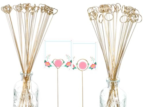 SHENLIU 80 soportes para fotos de flores, de metal, en forma de corazón, para números de mesa, soporte para tarjetas florales, soporte para tarjetas redondo, para notas, cumpleaños, bodas, banquetes