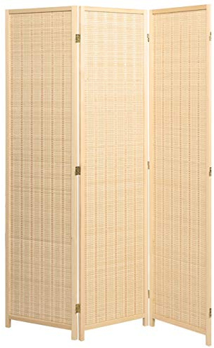 Legacy Decor 4 Panel Room Divider Black Color Wood and Bamboo Weave 72 Tall