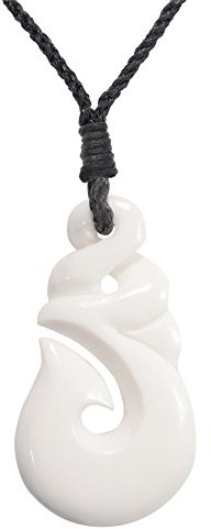 81stgeneration Handgeschnitzter HEI Matau Anhänger aus Knochen mit Paua-Muschel | Surfer-Accessoires für Herren | Handgemachte Tribal Fischhaken Kordel Halskette | Pikorua-amulett im Maori-Stil