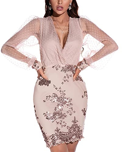 Onsoyours Robe Courte pour Femme Sexy Col en V Rétro Élégant Mini Robes en Tulle À Manches Longues A-Line Dress Cocktail Soirée Festive D Abricot M