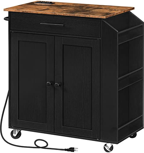 HOOBRO Kitchen Island with Power Outlet, Storage Island with Spice Rack and Drawer, Rolling Kitchen Cart on Wheels, for Home, Dining Room, Rustic Brown and Black