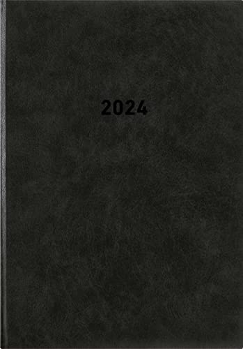 Buchkalender schwarz 2024 - Bürokalender 14,5x21 cm - 1 Tag auf 1 Seite - wattierter Kunststoffeinband - Stundeneinteilung 7 - 19 Uhr - 876-0020