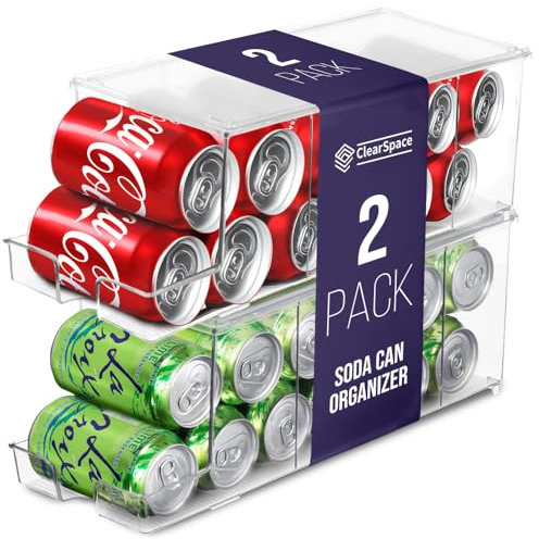 ClearSpace Drink Organizer for Fridge & Soda Can Dispenser - Fridge Organization & Can Organizer for Refrigerator Stackable Can Holder Dispenser with Lid - Holds 12 Cans Each, BPA Free - Set of 2