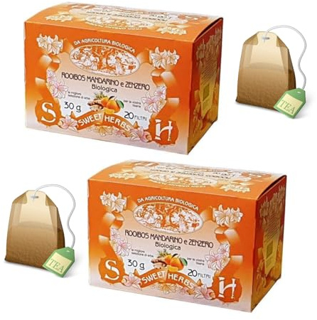 Sweet Herbs® | Tisana Rooibos Mandarino Zenzero | Infuso Biologico Rooibos, Frutta e Spezie - 2 x 20 Filtri in Singole Bustine (60 Gr)