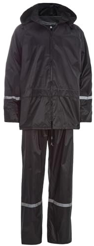 2 Piece Adults Unisex Waterproof Rain Suit Set Jacket Trousers Lightweight S-4XL (BLACK, XL)