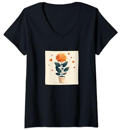 Womens Dahlia Plant In Pot Cottagecore Hearts Graphic V-Neck T-Shirt