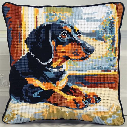 RKFLGEW DIY knüpfen set erwachsene Dackel Tier knüpfkissen set Haustier Hund DIY-Kissenbezug，Häkelgarn，Nadel，Basteln，handgefertigtes Kissen für Zuhause，Sofa-Dekoration 43x43cm