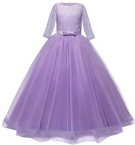 Abito lungo bambina primavera/tinta unita manica media girocollo maglia ricamata abito con papillon festa compleanno rendimento lettura calendario dell'Avvento bambini, Lilla, 7-8 Jahre