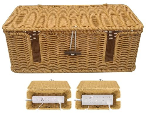 Caja de gestión de cables, caja de almacenamiento de cables electrónicos tejida a mano, 4 ranuras abiertas, organizador de cables de mimbre, soporte de caja de cables de ratán de imitación para cables