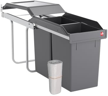 Hailo Abfallsammler Tandem 3650103 | 2fach Einbau-Mülleimer incl. 50 Müllbeutel | für Schränke ab 300 mm Breite | Bequemer Handauszug auf Rollenführung | Silber und Kunststoff Anthrazit