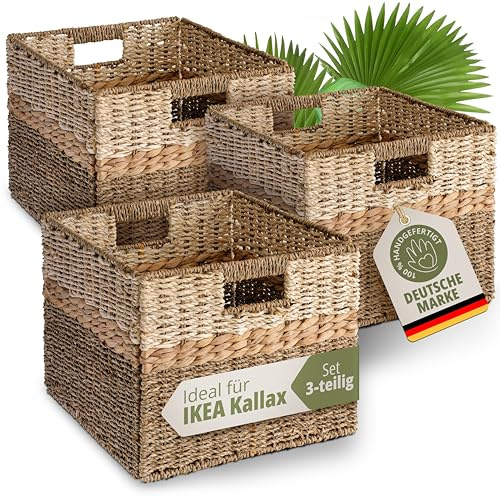 TERRAVIEN Aufbewahrungskorb 3er Set aus Naturmaterialien 30 × 33 × H 26 cm | Besonderes Flechtdesign aus Seegras, Wasserhyazinthe und Palmblatt - handgeflochten für Regale, Küche, Bad & Wohnzimmer