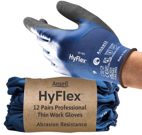 Ansell HyFlex 11-925 Ölabweisenden Arbeitshandschuhe, Rutschfeste Nitril-Beschichtung, Wasserdichte Schutzhandschuhe für Industrie und Mechanik, Dünne Montagehandschuhe, Blau, Größe XL (12 Paar)