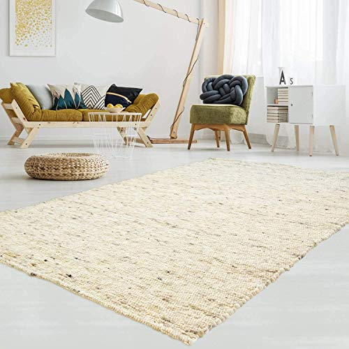 T.Carpet Gewalkter Handweb-Teppich Lambrecht aus hochwertiger Schurwolle edel und aufwendig verarbeitet fürs Wohnzimmer, Eszimmer, Schlafzimmer und die Küche geeignet 60 Beige meliert 070 x 130 cm