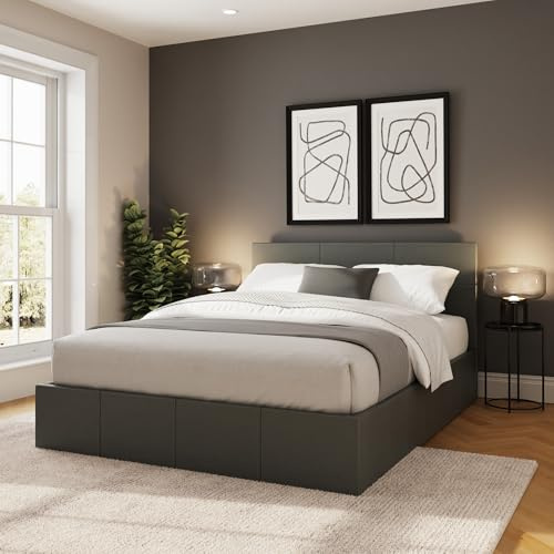 GFW Classic Side Lift Small Double Grey Faux Leather Ottoman Bed, Storage Bed with Hydraulic Lift and Stitched Headboard