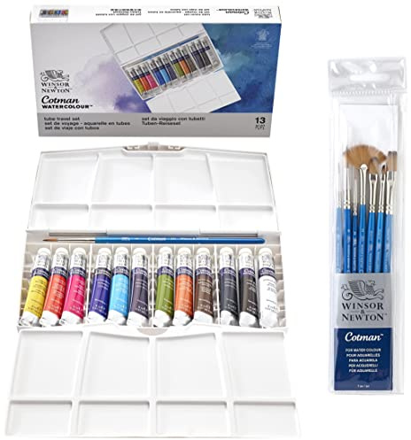Winsor & Newton Cotman Water Colour, 12 Farben, Painting Plus Set - Tuben & Cotman Brush Short Handle Set, Pack of 7